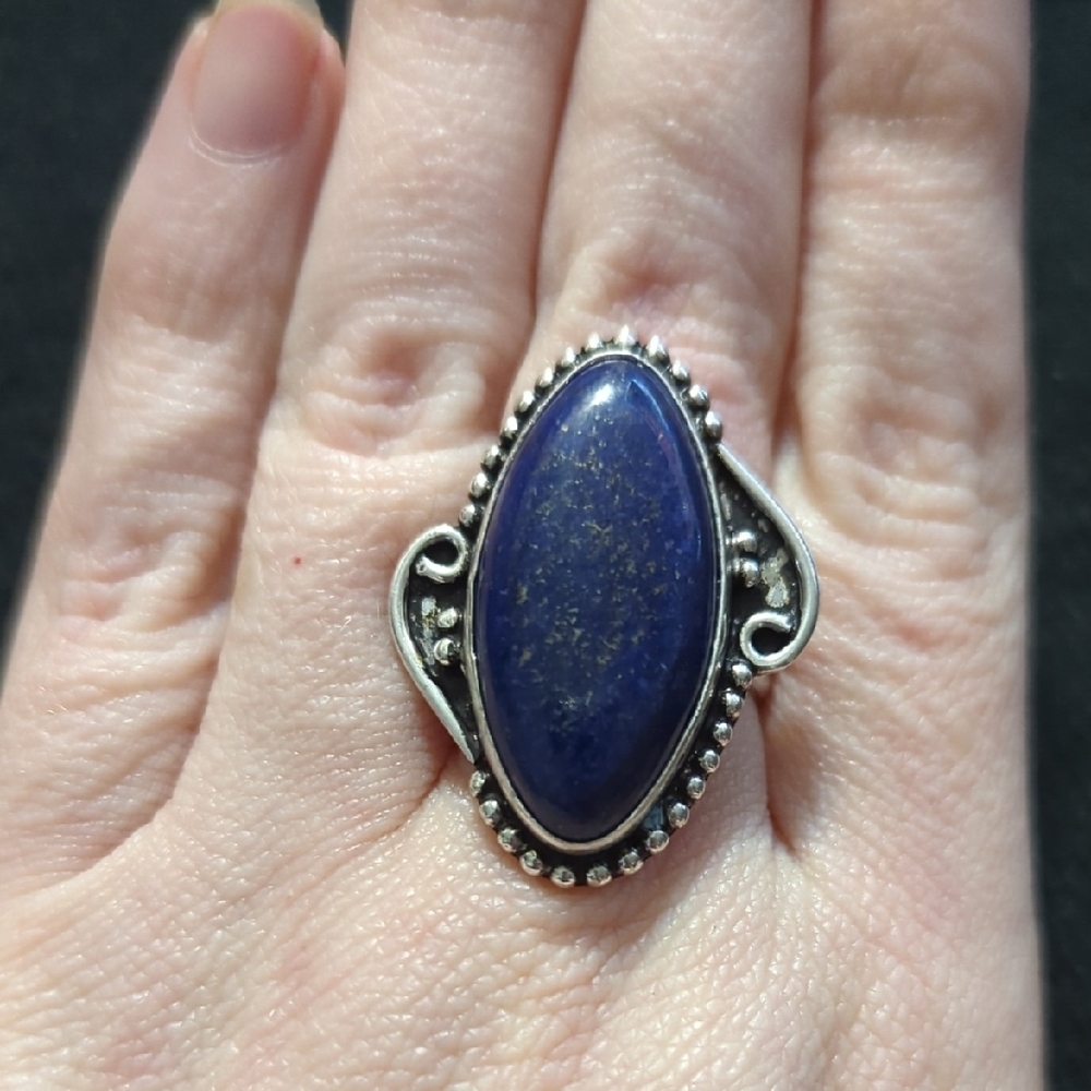 Silver Plated Blue Lapis Lazuli Gemstone Oval Statement Ring - Size 7-9